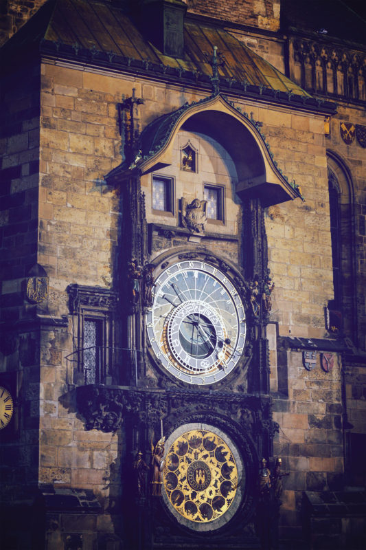 A close-up view of the astronomical clock in Old Town Square
